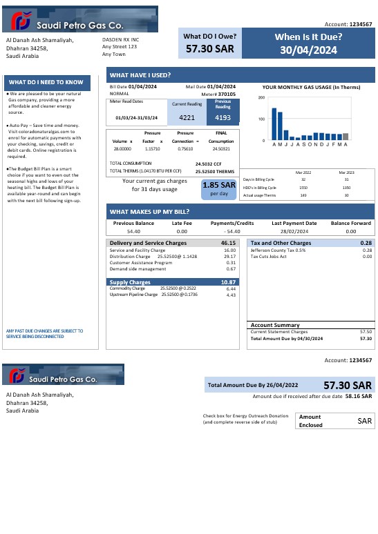 Saudi Arabia Saudi Petro Gas business utility bill, Word and PDF template PSD template